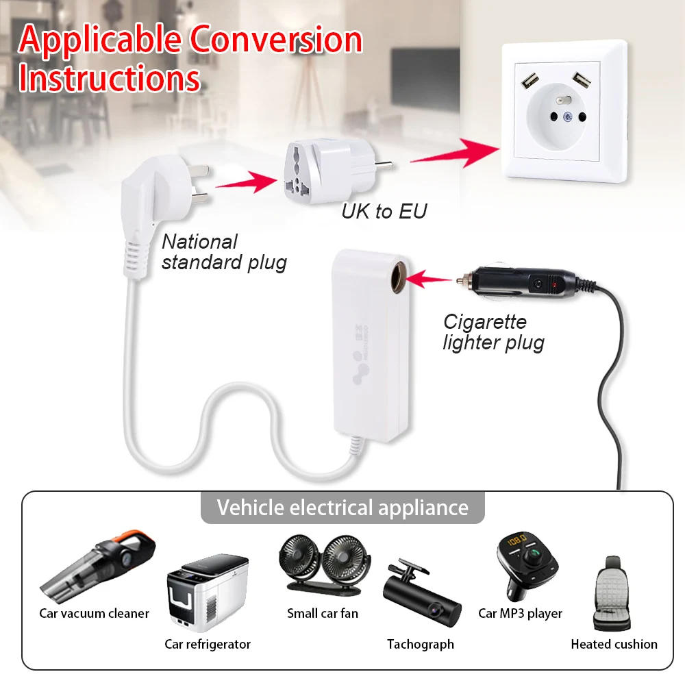 

220v To 12V Car Power Converter 120W Vacuum Cleaner Refrigerator AC Adapter DC Cigarette-Lighter With Plug Home White Socket