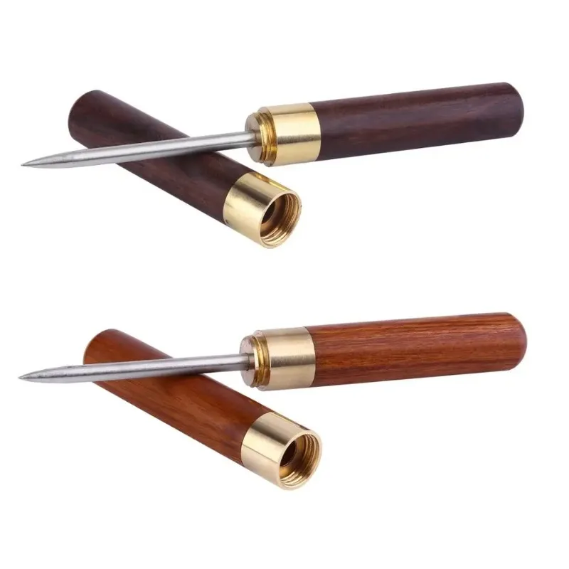 Stainless steel ice pick, kitchen tool with wooden handle and sheath.