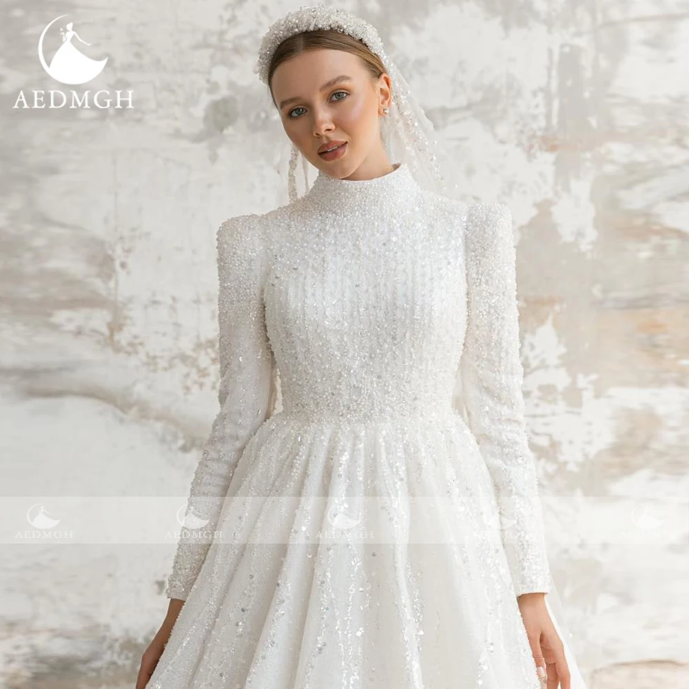 Aedmgh A-Line Abiti da sposa vintage Collo alto Manica lunga Vestido De Novia Abito da sposa musulmano su misura con paillettes in rilievo di pizzo