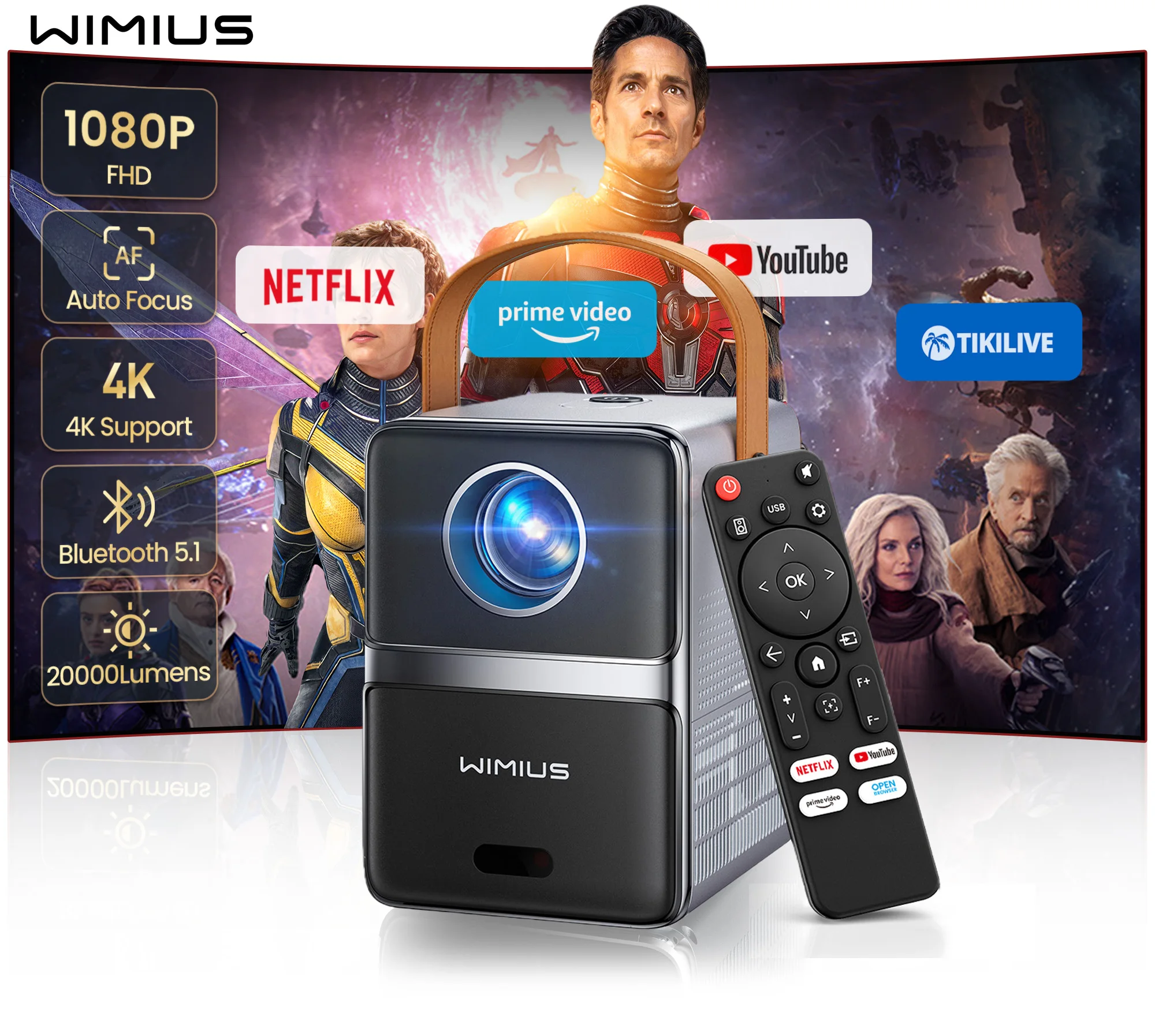 Wimius 600ANSI 4K Proyector Nativo 1080P Cine en casa Enfoque automático Keystone WiFi6 Proyectores portátiles para Proyector de proyector al aire libre