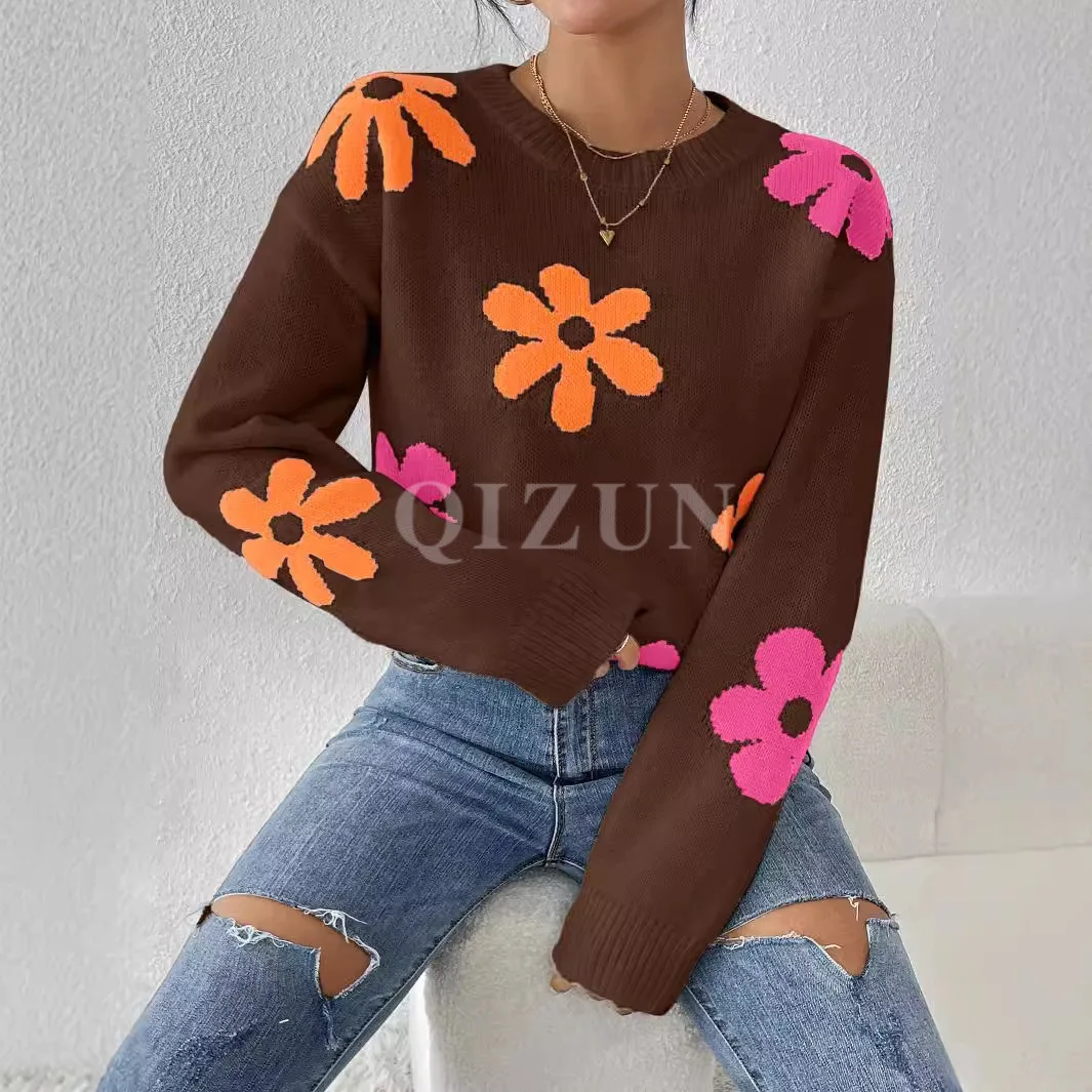 

Повседневный свободный вязаный свитер с цветочным принтом, пуловер для зимы, женские пуловеры, новинка 2024, свитер с круглым вырезом и длинными рукавами, топы для женщин