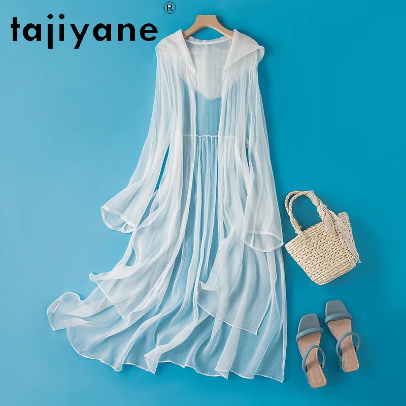 بلوزة TAJIYANE 100% من حرير التوت الحقيقي سترة حريرية طويلة أنيقة مع غطاء محرك السيارة معطف شال ملابس صيفية 2025 ملابس للسيدات