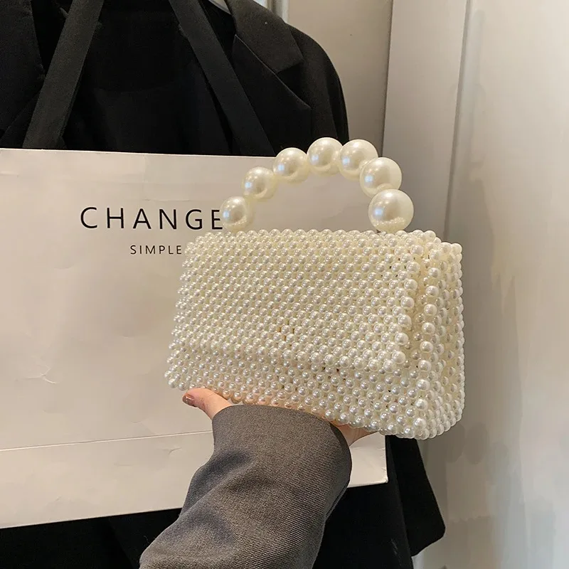 Bolso de hombro cuadrado con cuentas para mujer, Bolsa tejida de alta calidad, con diseño de temperamento para fiesta, 2024