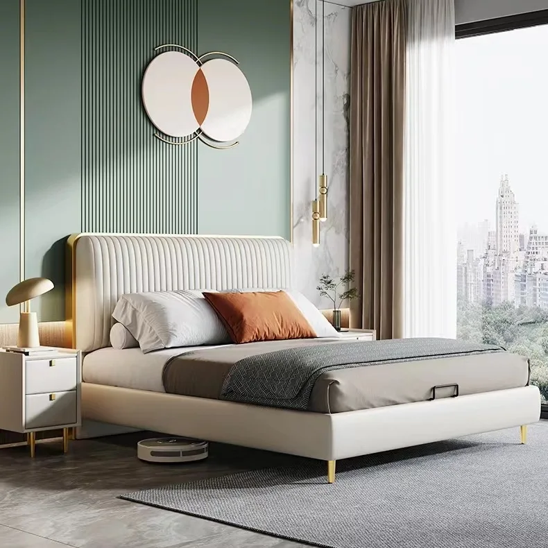 Light luxury minimalist nappa leather bed double bed Nordic modern simple master bedroom storage solid wood wedding bed with edg