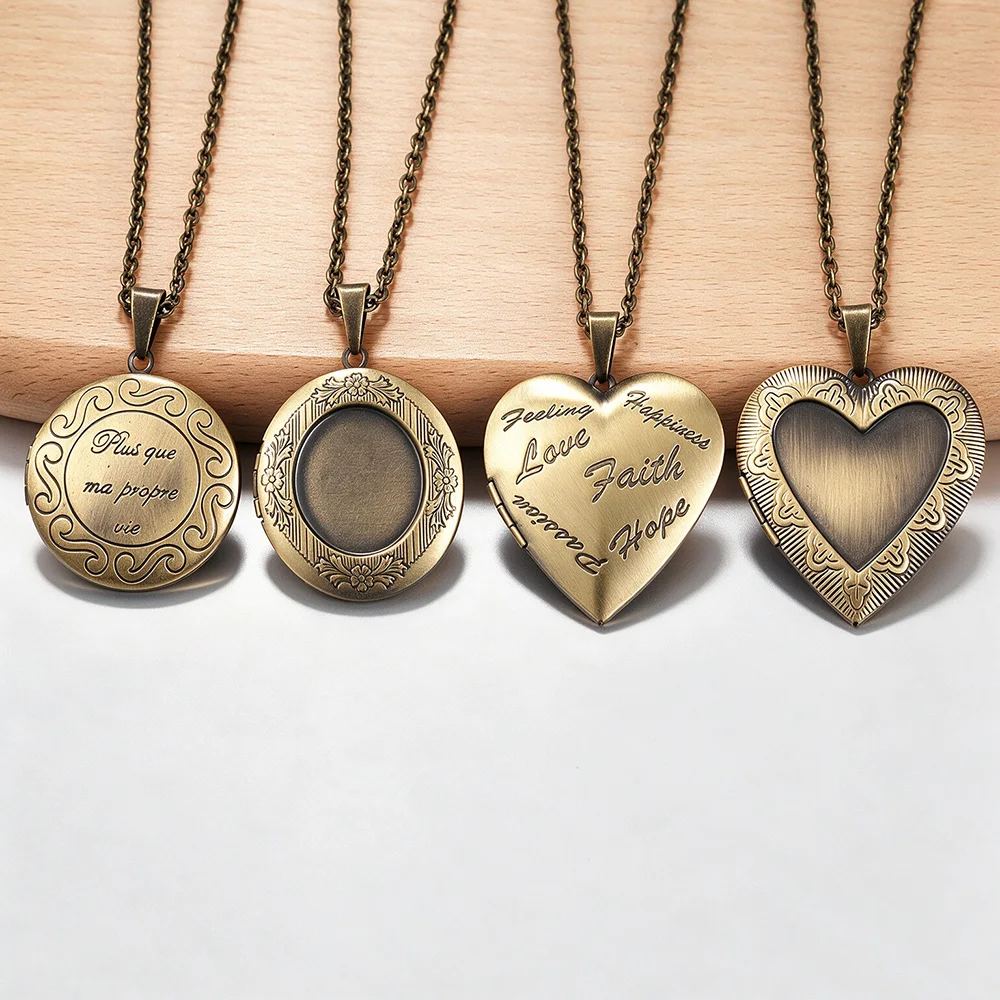 Copper Round and heart shaped Photo Frame Locket Pendant Necklace Openable Memorial Chain Jewelry pendant necklace accessories