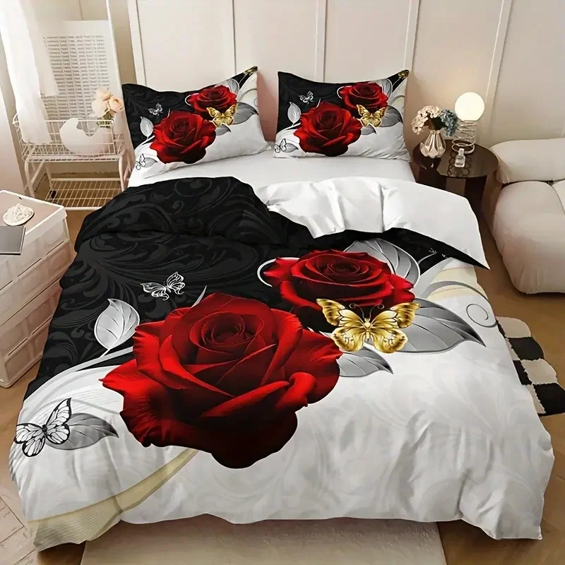 

Valentine's Day Rose Duvet Cover Twin For Boys Girls Botanical Flower Bedding Set Breathable Soft Romantic Roses Comforter Cover