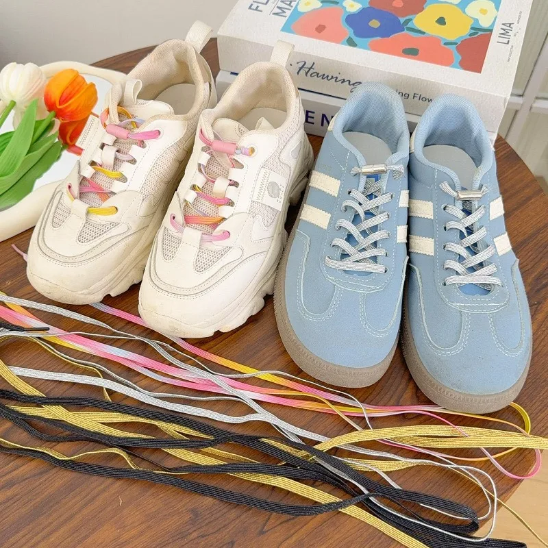 Womens Flat Shoelace Sparkling Glitter Shoe Strings Heavy Duty with Buckle Elastic Shoelaces Replacement Casual Shoe Ties Unisex