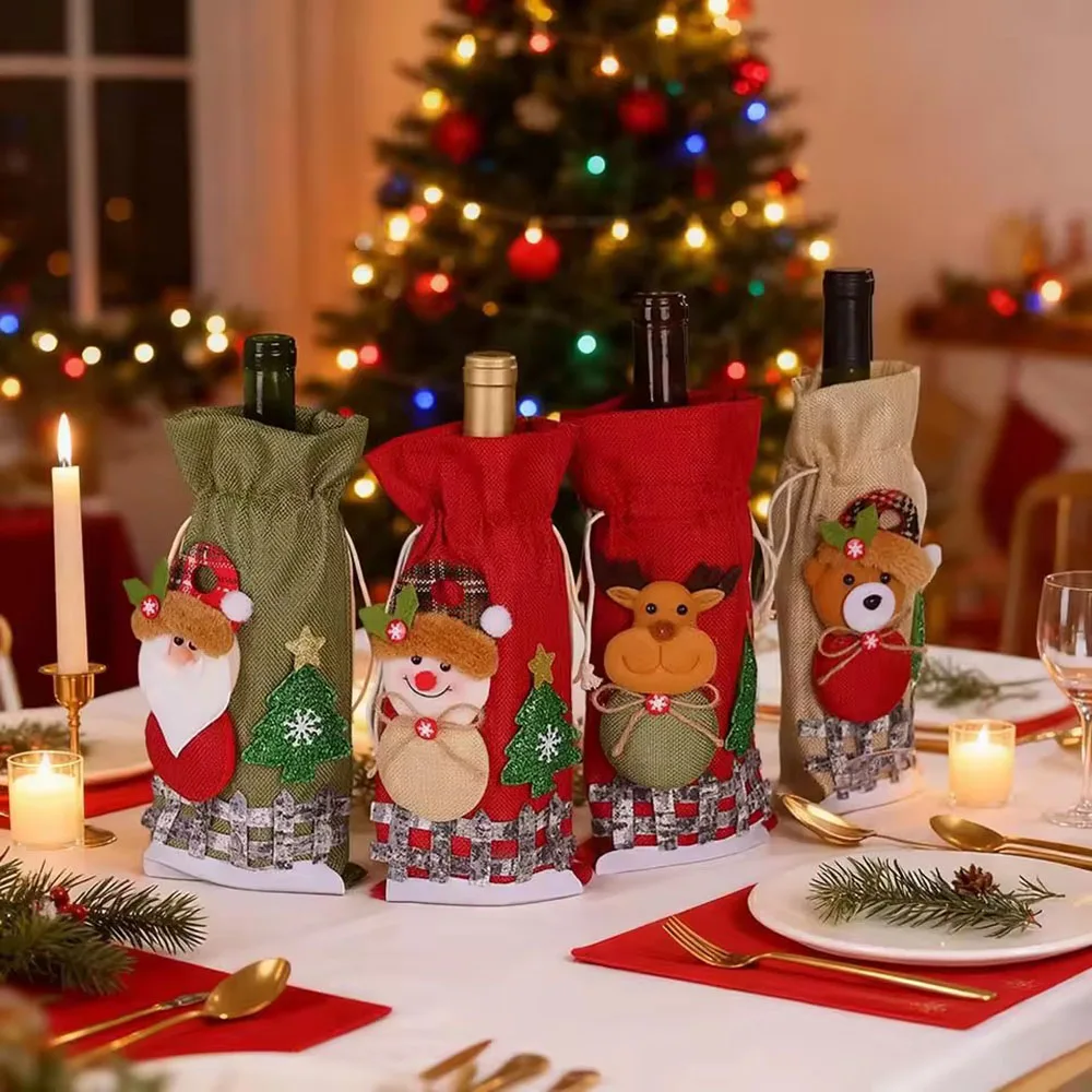Drawstring Wine Bottle Cover With Christmas Santa Snowman Reindeer Bear Patterns Made Of Burlap For Holiday Tabletop Decoration