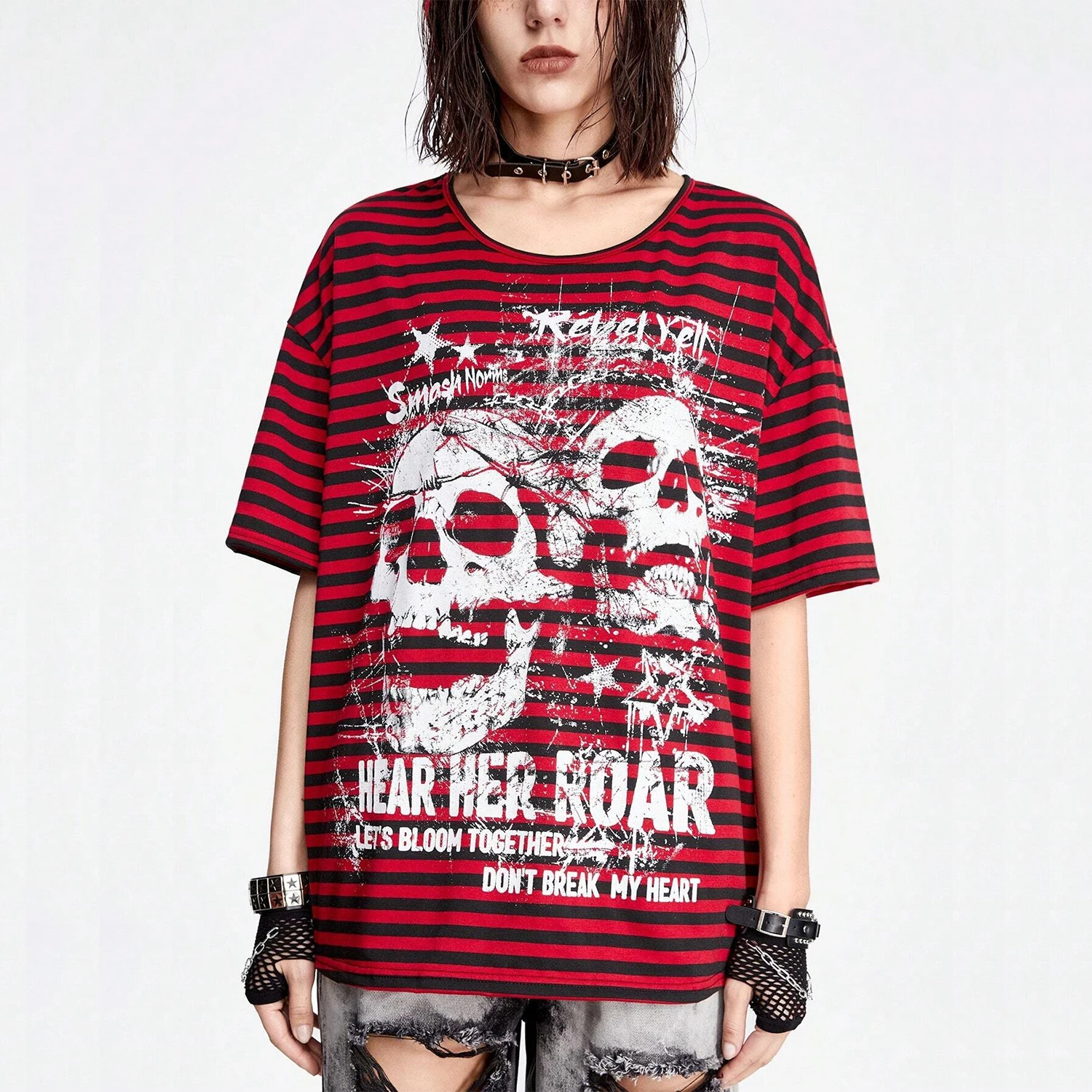 

Women's Gothic Punk Y2K Retro Striped Hip-Hop Rock Band T-Shirt Harajuku Print Skull Pattern Top for Casual Wear