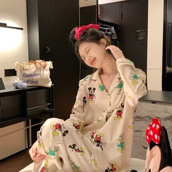 Cartoon Disney Mickey Mouse pajamas autumn cotton warm casual loose cardigan women's pajamas with chest pads loungewear set