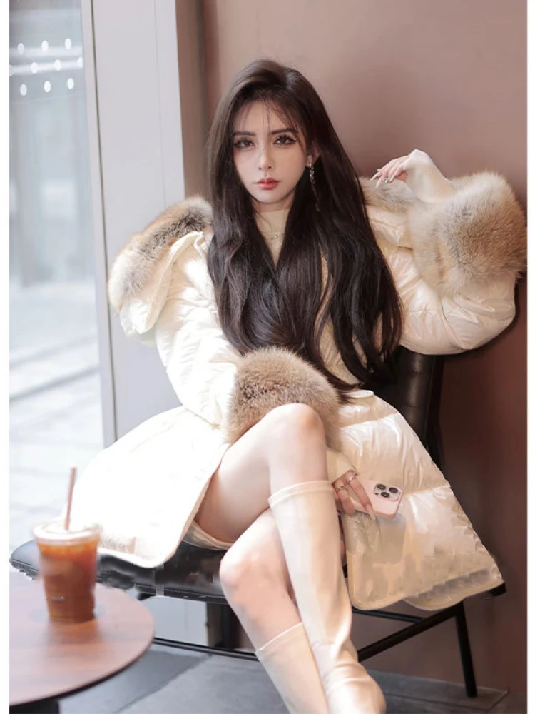 Light Fake Fur Collar Large Lapel Bright Color down Cotton Jacket Coat Women\'s Mid-Length Winter Clothes Women Windproof Parka