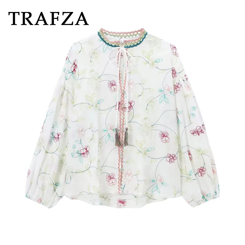 

TRAFZA 2024 Summer Casual Women Floral Embroider Shirt Single Breasted Lace-Up Streetwear Loose Shirt Fashion Women Folds Shirts