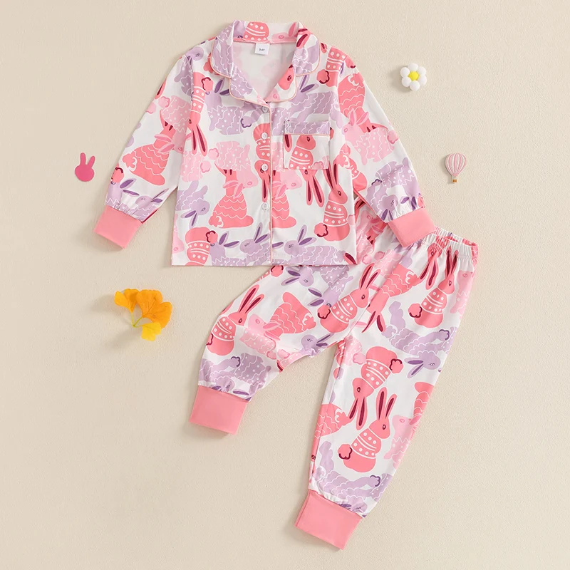 Adorable Toddler Girl Easter Pajamas Set featuring Cute Bunny Print Cozy Long Sleeve Lapel Button Down Tops and Matching Long