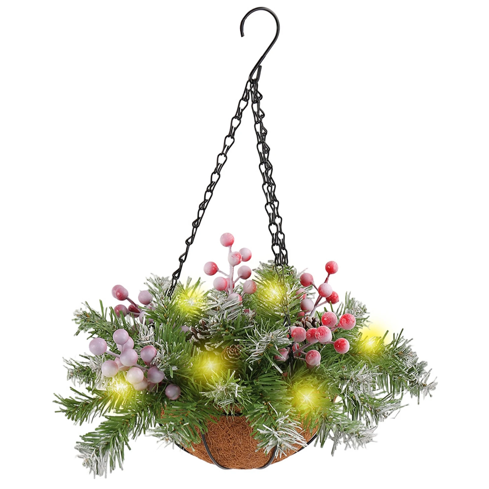 

Realistic Pine Leaves Adorned Hanging Flower Basket For Front Porch Decor Equipped With Sturdy S-shaped Hooks For Easy