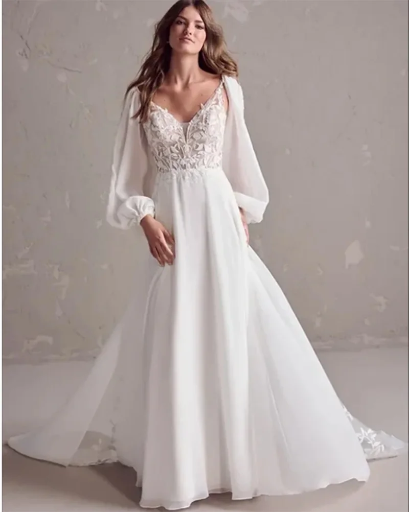 Vestido de novia bohemio personalizado con cuello en V y manga farol, talla grande, 2026, con apliques de encaje, vestido de novia, robe mariee boheme