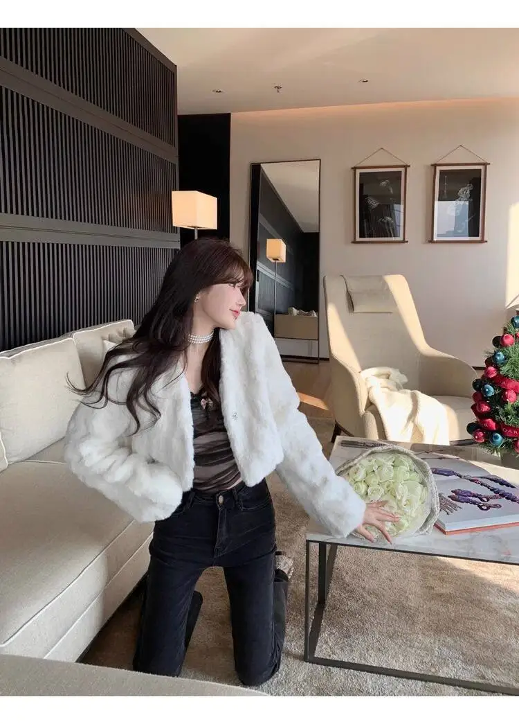 Chic V Neck Cropped Faux Rabbit Fur Jacket Women Elegant Single Button Plush Coats Woman Autumn Winter Fluffy Fleece Outerwear