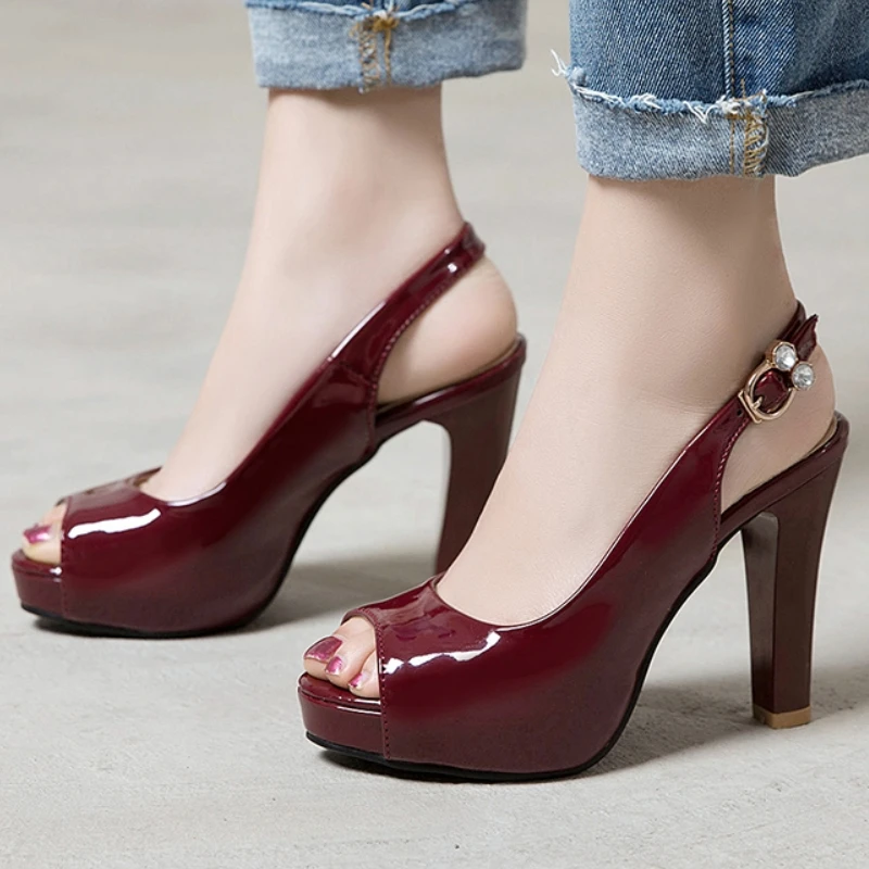Luxury Sandals Female Dress Shoes Platform Peep Toe High Heels Pumps Slingback Black wine red Wedding Dating Shoes Girls