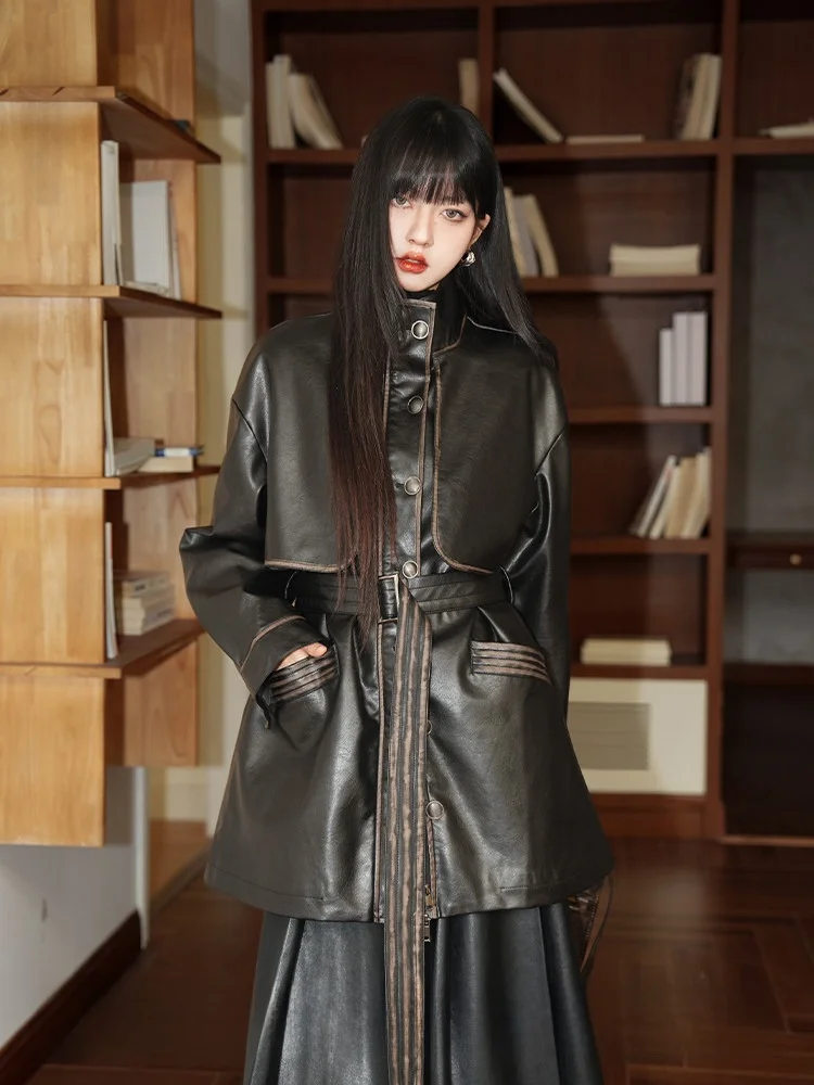 

Retro Modern Thiened Cotton Jaet Women's Autumn Winter Loose Casual Leather Coat Stand Collar Long Sve Color