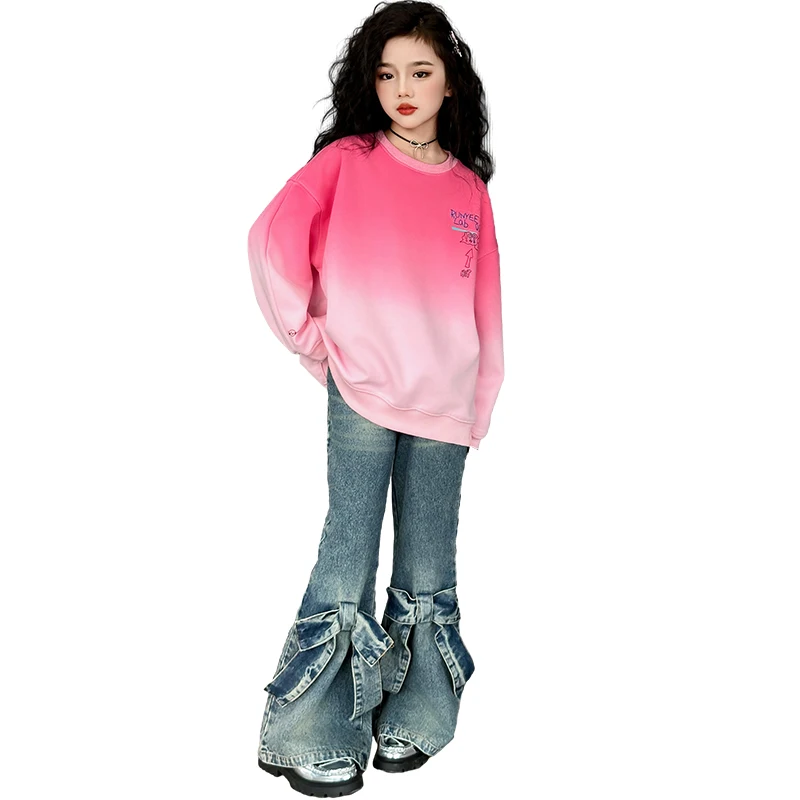 Cute Girl Clothing Cotton Pink Tie dye Sweatshirt +Bow Jeans Set Outfits Spring and Autumn New Arrival School Children\'s Clothes