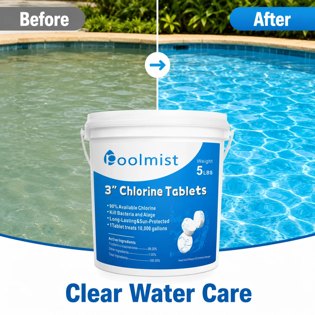 Swimming Pool Chlorine Tablets 5 lb Each, 10 Buckets, 50 lb Total, Pool Water Treatment, US Stock