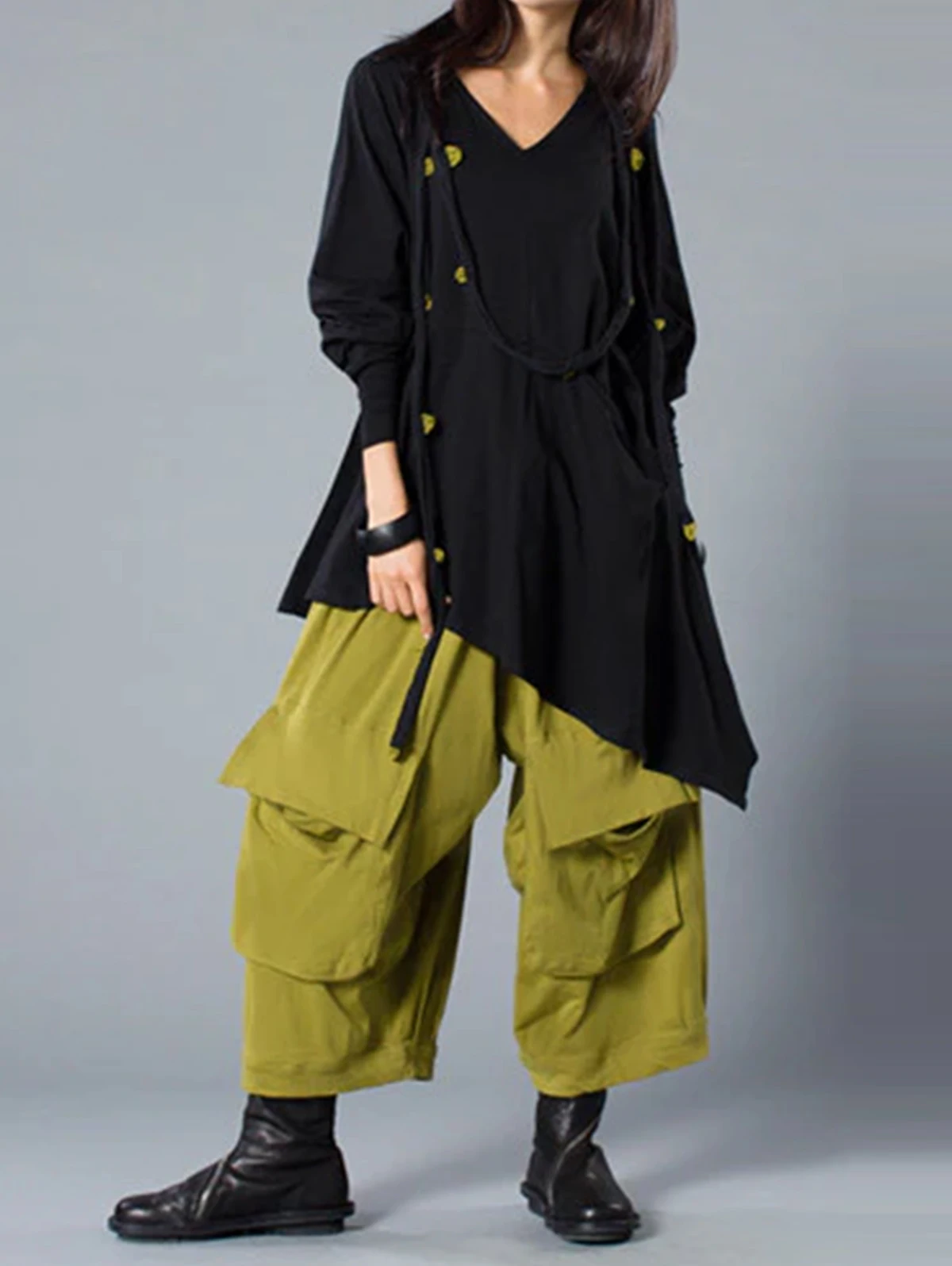 Oversized Cargo Culottes Pants Draped Big Pocket Wide Leg Cropped Trousers Women Loose Baggy Streetwear Casual Pants
