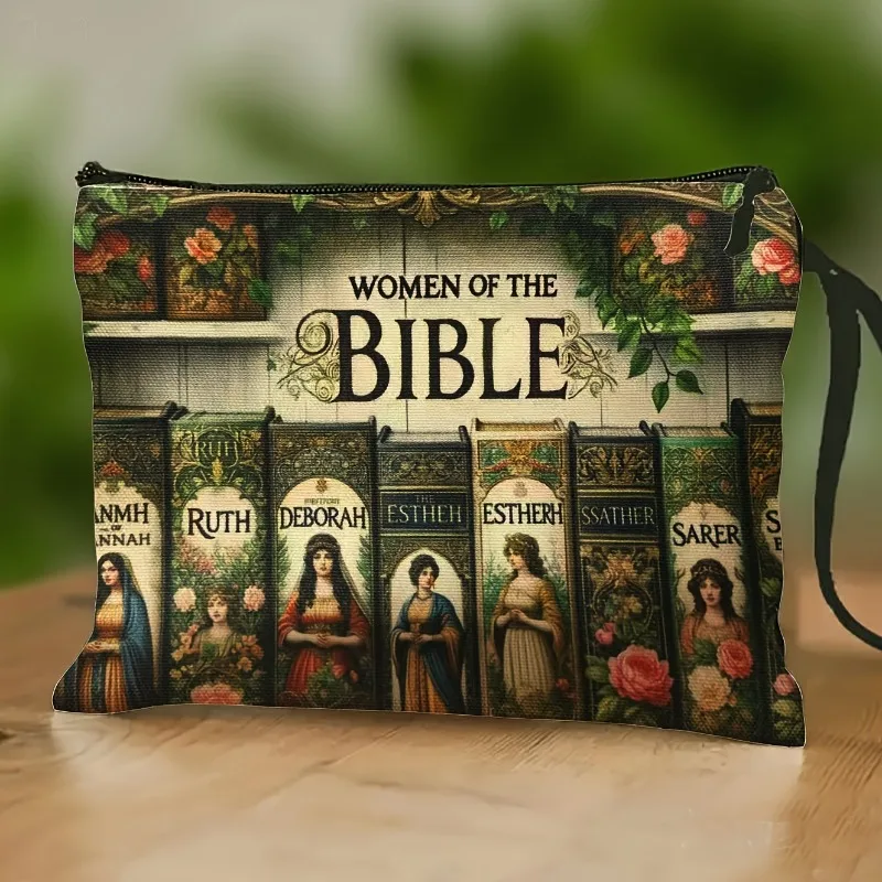 Bible Women-Themed Vintage Book Pattern Makeup & Toiletry Organizer Bag - Religious Zippered Pouch with Wrist Strap, Suitable fo