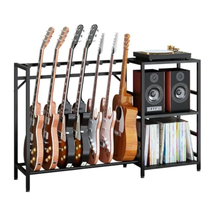 Record Player Stand with Guitar Stand Record Player Table with Guitar Rack Guitar Holder 7 Space for Multiple Guitars Bass Acou