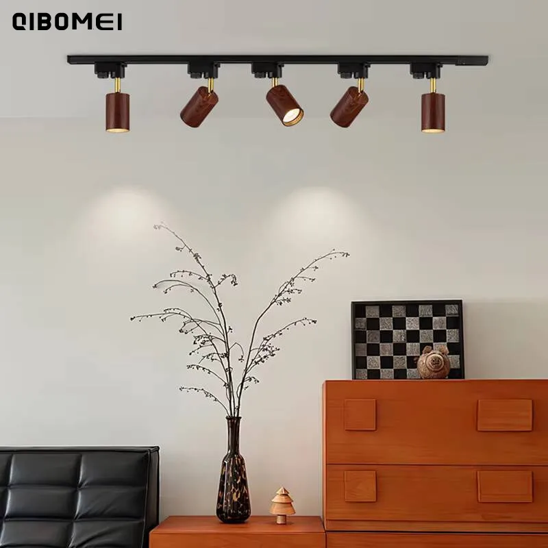 Creative Led Track Light Spotlight Retro Walnut Wood Grain Living Room Chandelier Home Indoor Decoration Lighting Lamps Fixtures