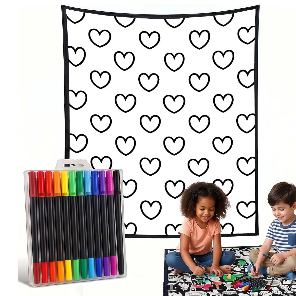 Green colored hearts DIY Cozy Coloring Blankets -24 Markers, Cozy Velvet Ideal For Daily Use Home Decor And Kids Spaces
