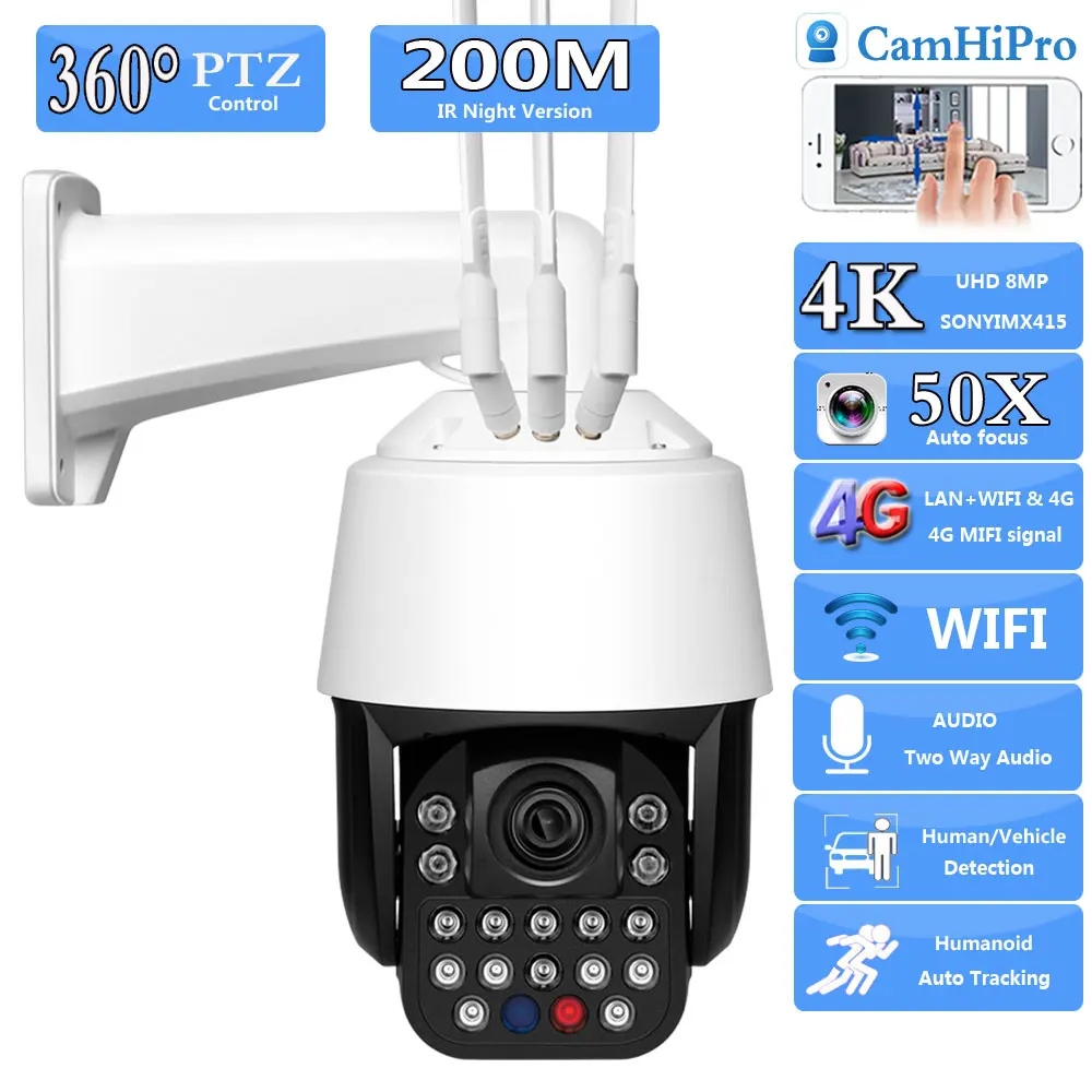 4K 8MP SONY415 50X Auto Zoom 4G SIM Card Wireles Security IP Camera Wifi PTZ Dome Human Tracking Laser Led IR 200M Two Way Audio