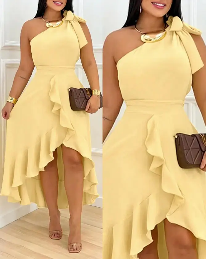 

Women's Dress 2026 Spring New Solid Color One Shoulder Bow Shoulder High Low Waist Irregular Ruffle High Waist Casual Dress