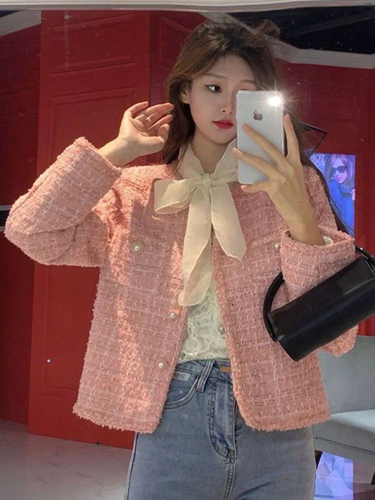 Korean O-neck Tweed Cropped Jackets Tops Women Casual Loose Single Breasted Abrigos Fall Winter Chic Long Sleeve Coats Blusas