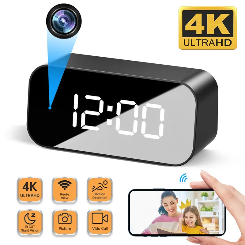 To 4K HD WIFI Clock Camera 166degree Camera Micro Cam IR Night View Alarm Camcorder Digital Watch Video Mini DVR Oculta Small