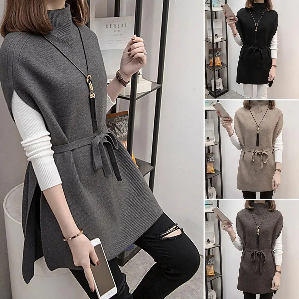 Women Sweater Vest Women\'s Turtleneck Sweater Vest Pullover Winter Knitted Dress Loose-Fitting Waistcoat Loose Dress Female Tops