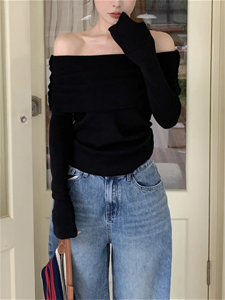 PLAMTEE Black Sweater Slim-Fit Slash Neck Chic Casual New Knitted Pullover Autumn Off Shoulders Loose Daily Solid Vintage Gentle