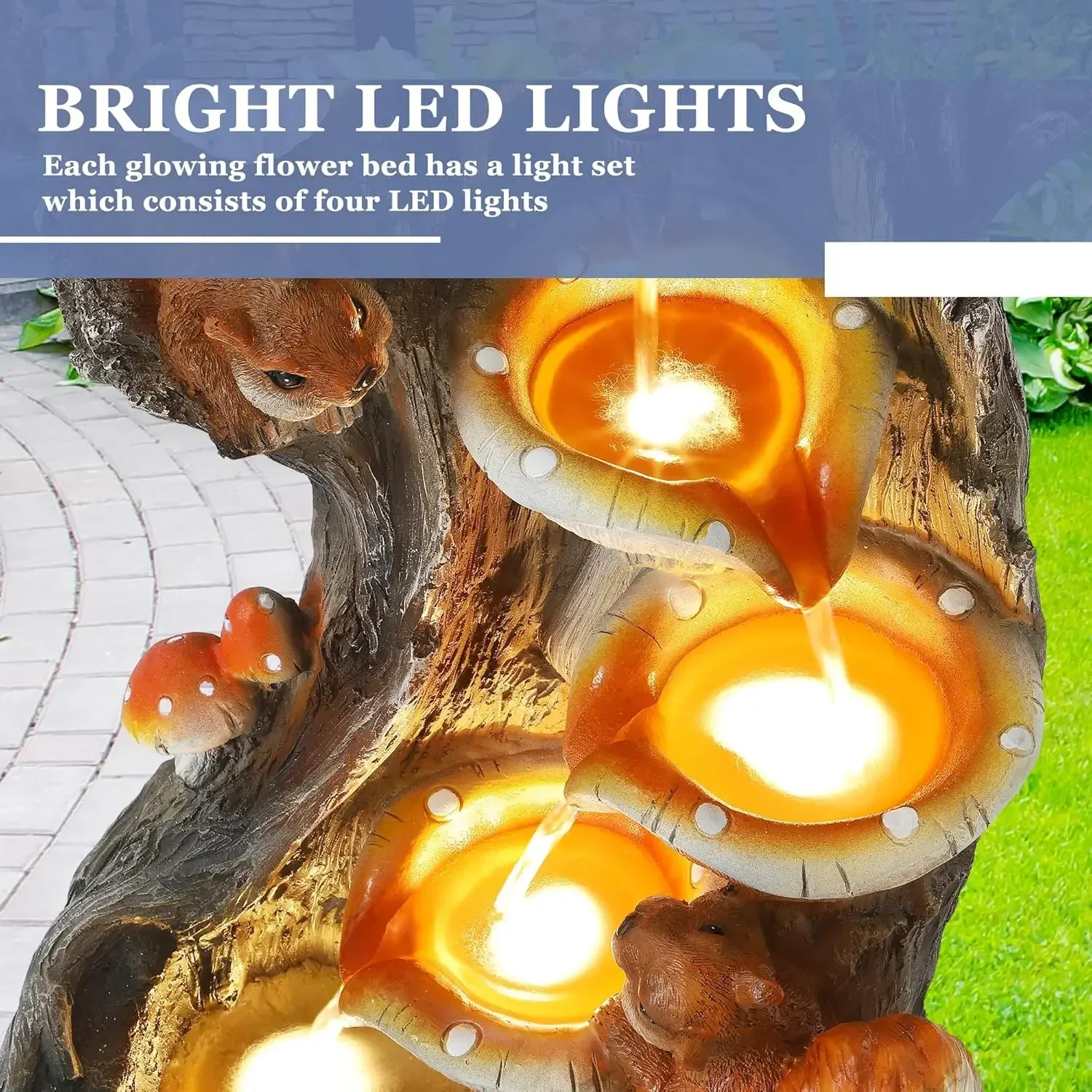 Outdoor 4-Tiers Cascading Water Fountain, Garden Waterfalls Fountain with LED Lights, Indoor/Outdoor Floor Standing Water Founta