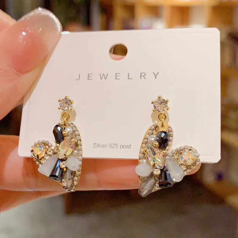 Silver needle colored crystal love stud earrings handmade light luxury contrasting color heart earrings high sense Mori Internet