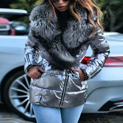 Winter Fashion Lapel Belted Cotton Coat Women Solid Bright Face Large Fur Collar Pocket Slim Jacket Coat Ladies Warm Streetwears