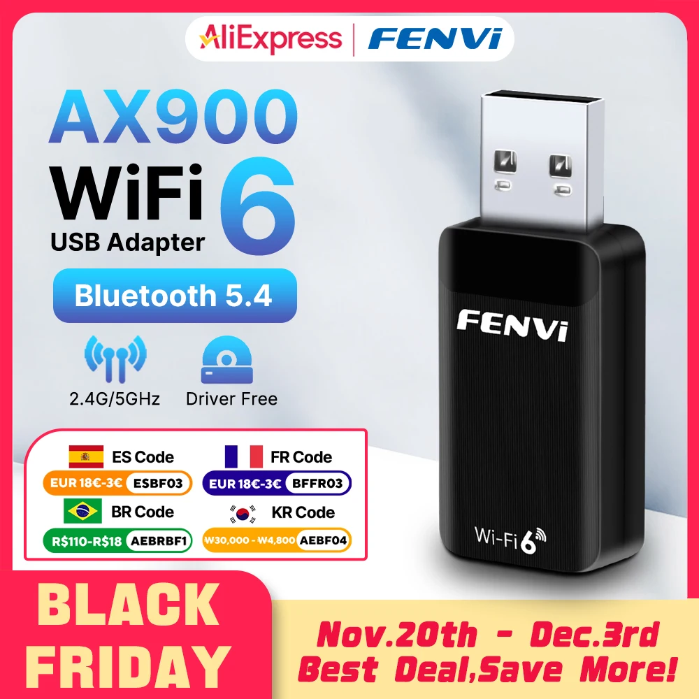

Fenvi AX900 Bluetooth 5.4 USB Adapter WiFi 6 Mini USB Dongle 5G/2.4G Dual Band WiFi6 Network Card Wireless Receiver Driver Free