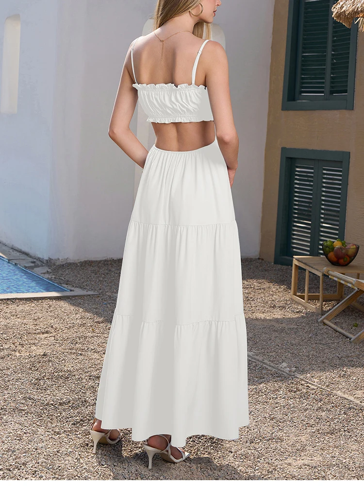 NewAsia sexy mouwloze lange jurk met ruches halslijn uitgesneden rugloze spaghettibandjes zomerjurken voor feestvakantie strand