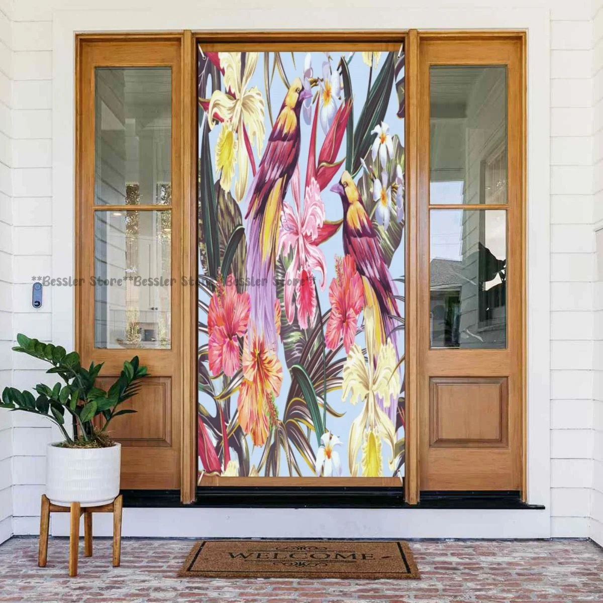 Tropical Exotic Flowers Palm Leaves Hibiscus Orchid Flowers Paradise Decoration Props Door Cover Banner for Party House Door