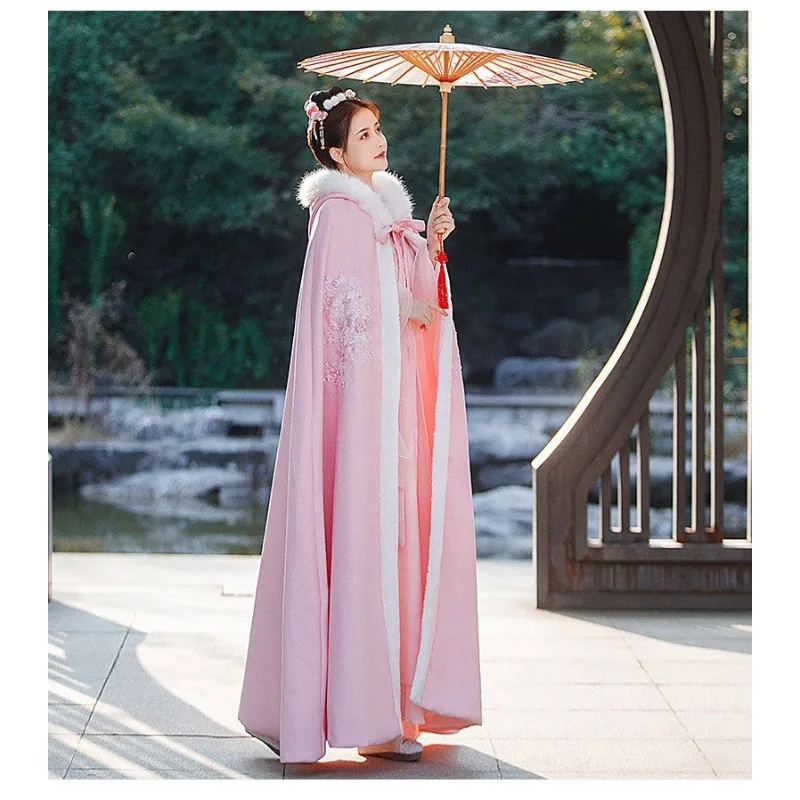 

Женская зимняя длинная накидка в древнем стиле, шаль, утолщенный флис, теплый меховой воротник, короткий зродный оригинальный древний костюм Hanfu