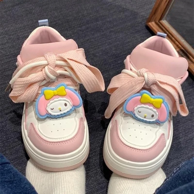 Sanrio Melody sapatos de plataforma de desenhos animados para mulheres, sapatos de tabuleiro kawaii, tênis feminino respirável, Y2k, doce, fofo, estudante, coreano, novo, verão