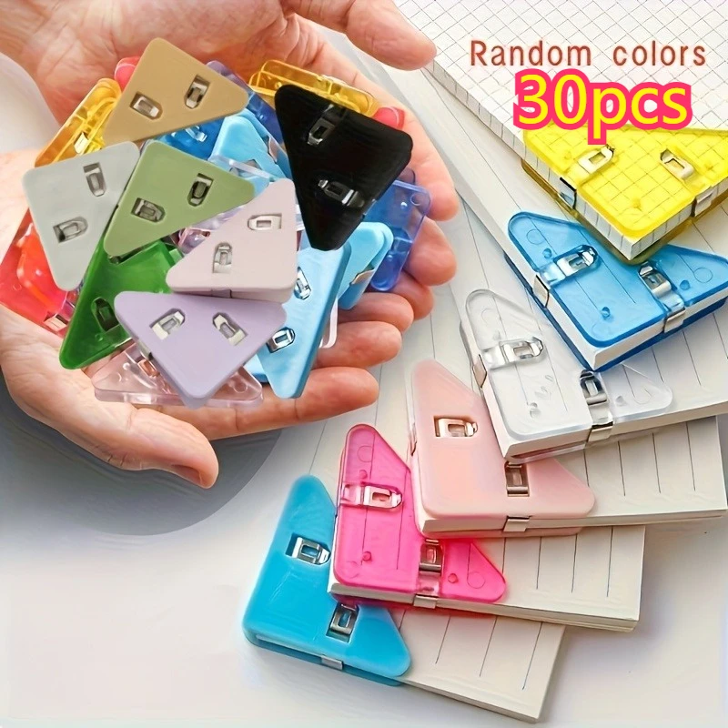 30pcs Random Color Triangle Paper Corner Clips, Transparent Plastic Book Page Fixing Clamps for Notebook Document Office School