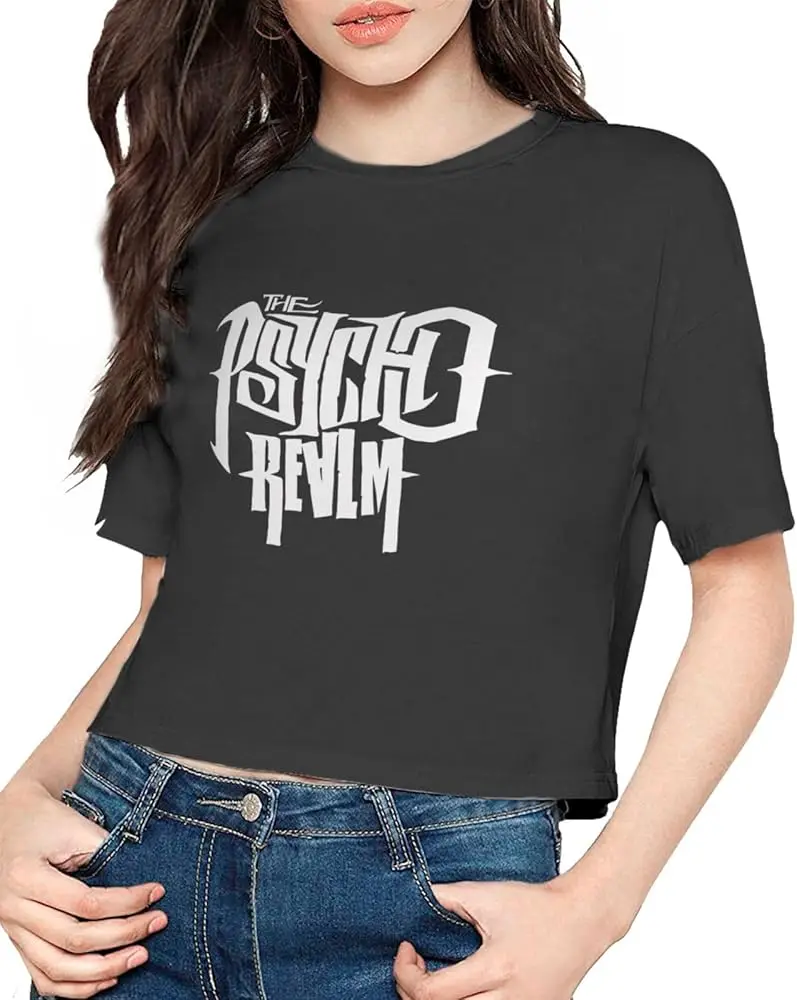 The Psycho Realm Women's T-Shirt Casual Short Sleeve Cropped T Shirts Round Neck Crop Tops Tees Black