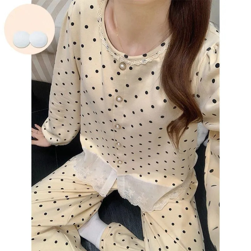 

korean Reviews Many Pajamas Set Chest Pad Long Sleeve Tops Pant Suit Cashmere Winter Warm Sleepwear Hot Home Suit For Women