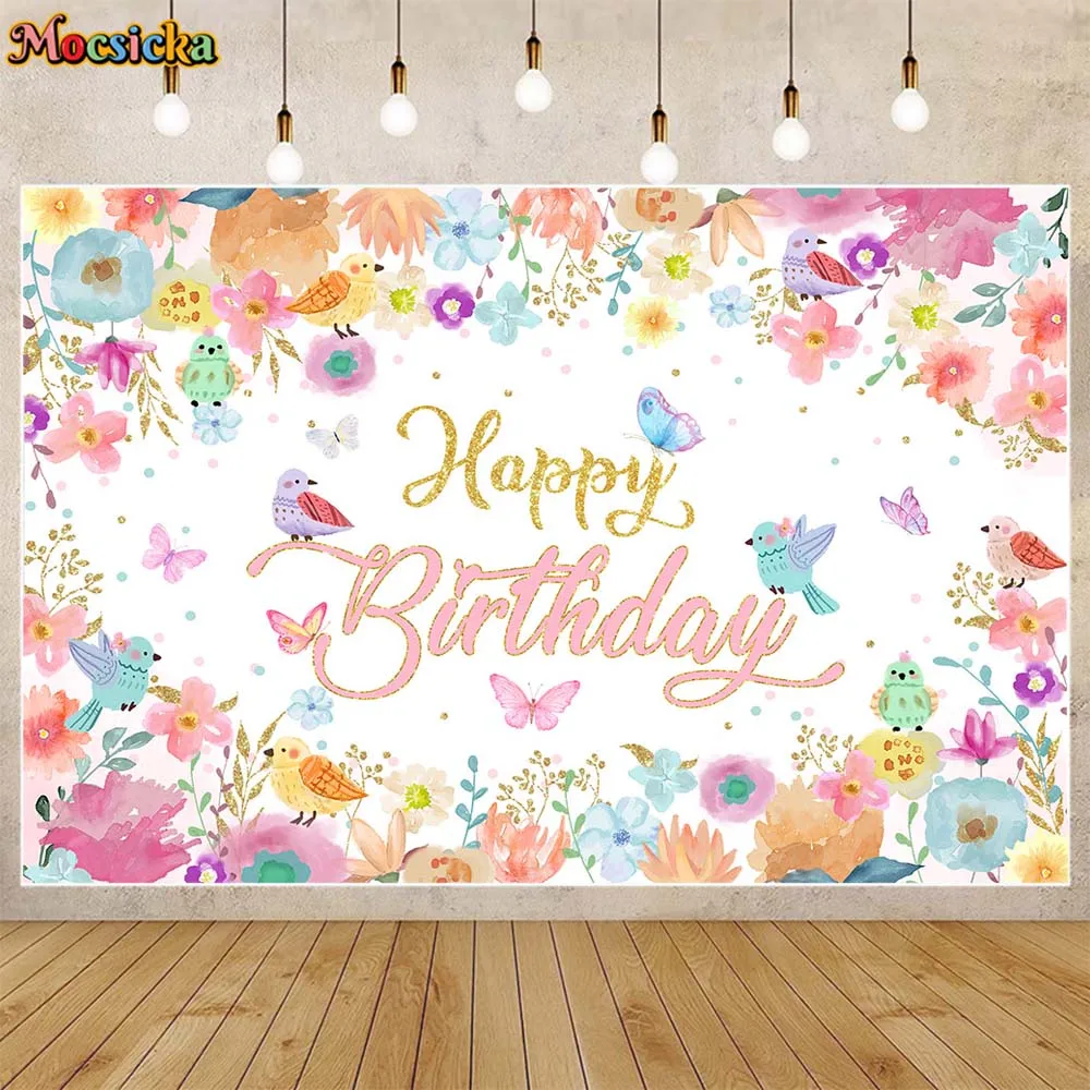 

Mocsicka KIds Birthday Backdrop Colorful Flower and Butterfly Girl Birthday Party Decor Photo Background Custom Banner Photocall