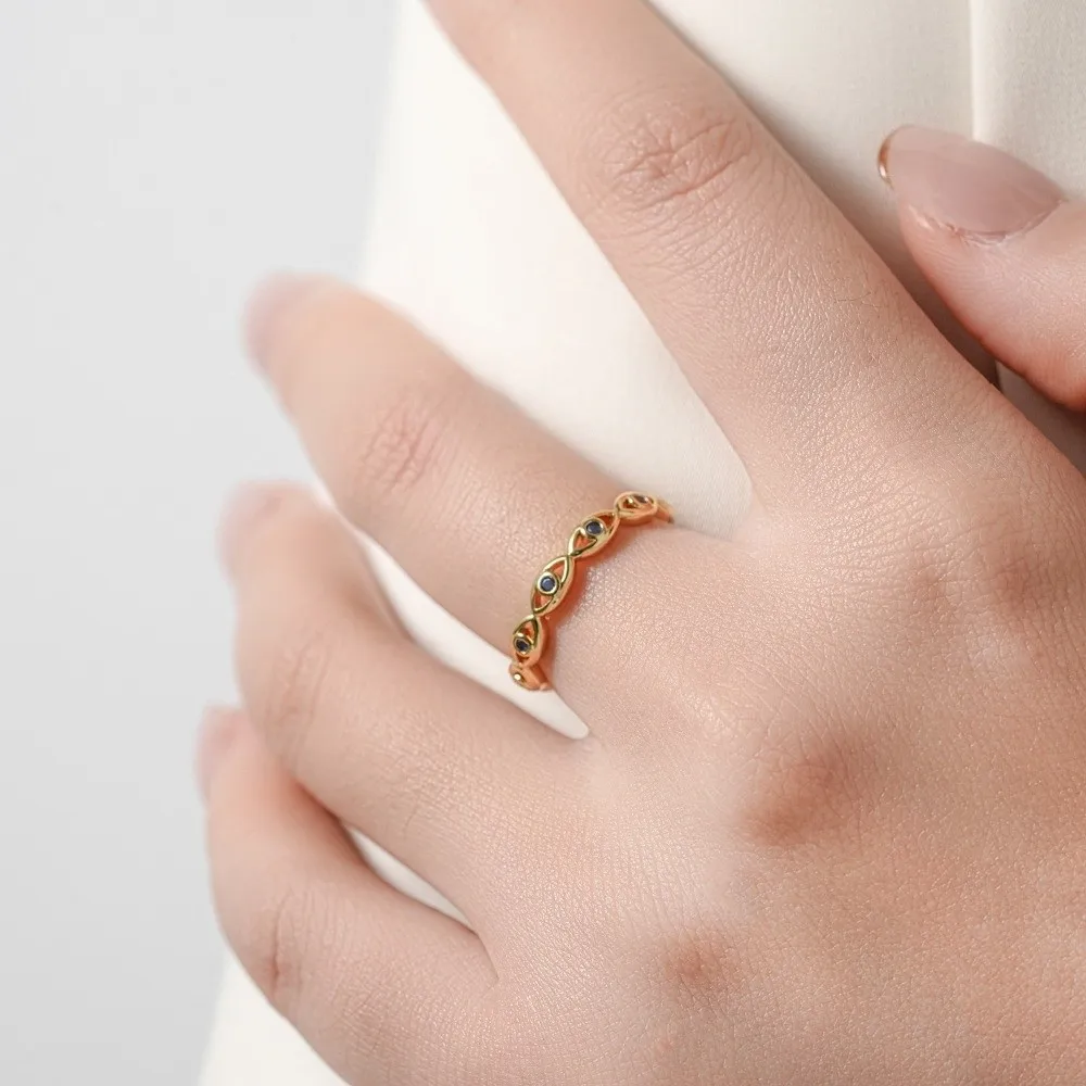 Anillo Abierto Único con Ojo de Demonio Dorado, Anillo Turco Ajustable de Moda, Anillo de Boda, Anillo de Dedo Índice con Zirconia Azul para Mujer