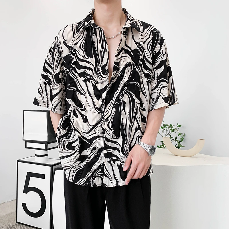 Summer Shirts Men Printing Half Sleeve Handsome Fashion Chic All-match Breathable Temperament Advanced Casual Contrast Color