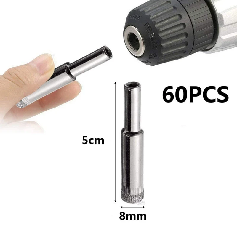 ABRE-60Pcs Diamond Drill Bit, 8Mm Diamond Coated Tip Hole Hollow Core Drill Bits Cutter For Glass Ceramics Porcelain Tile